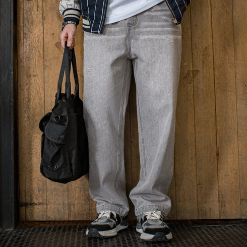 Vintage Heavyweight Washed Gray Jeans Distressed Straight Leg Carpenter Pants Elastic Waist Casual Ripped Denim Trousers